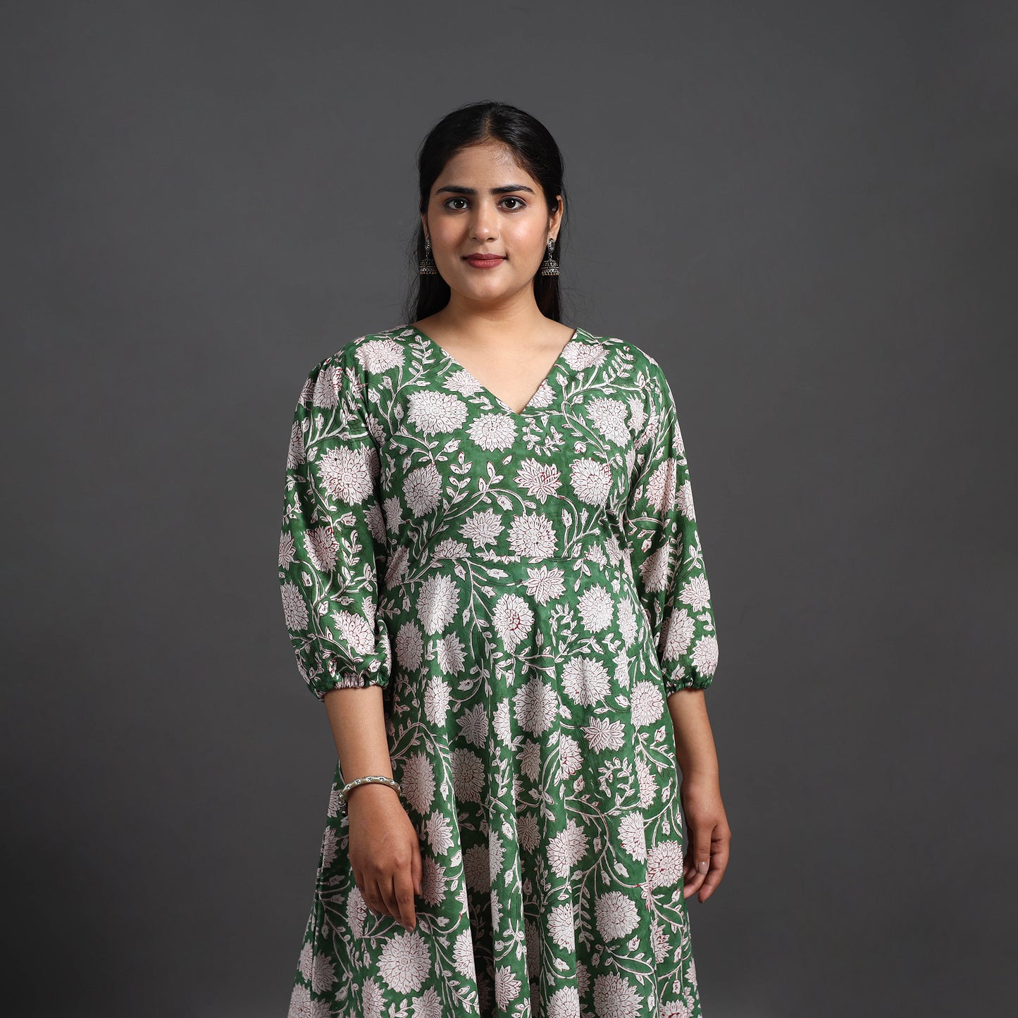 Green - Flared Cotton Block Print Sanganeri Dress 10