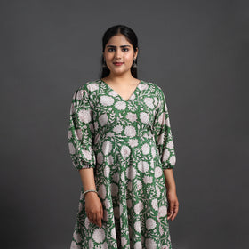 Green - Flared Cotton Block Print Sanganeri Dress 10