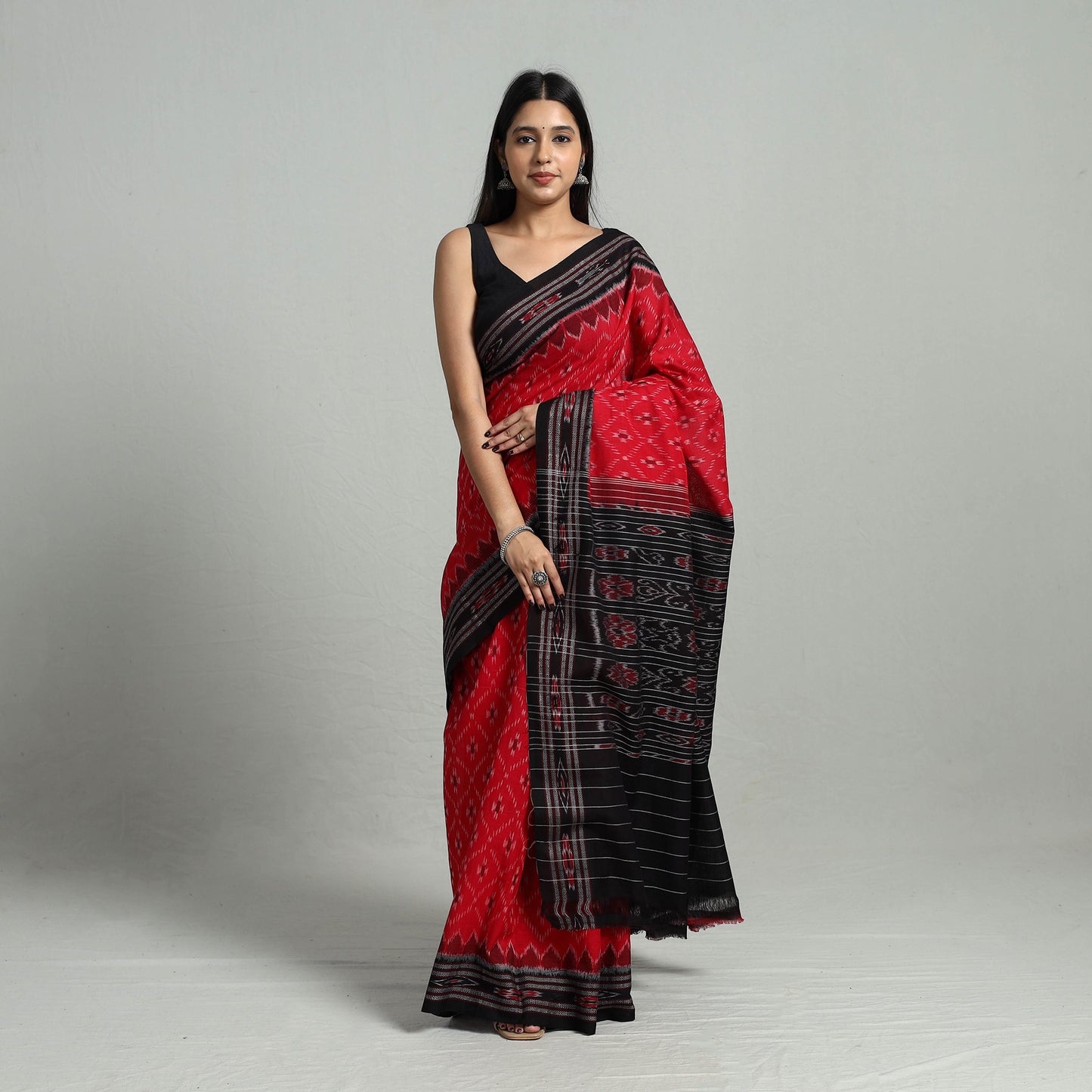 Red - Ikat Weave Handloom Cotton Sambalpuri Saree 35