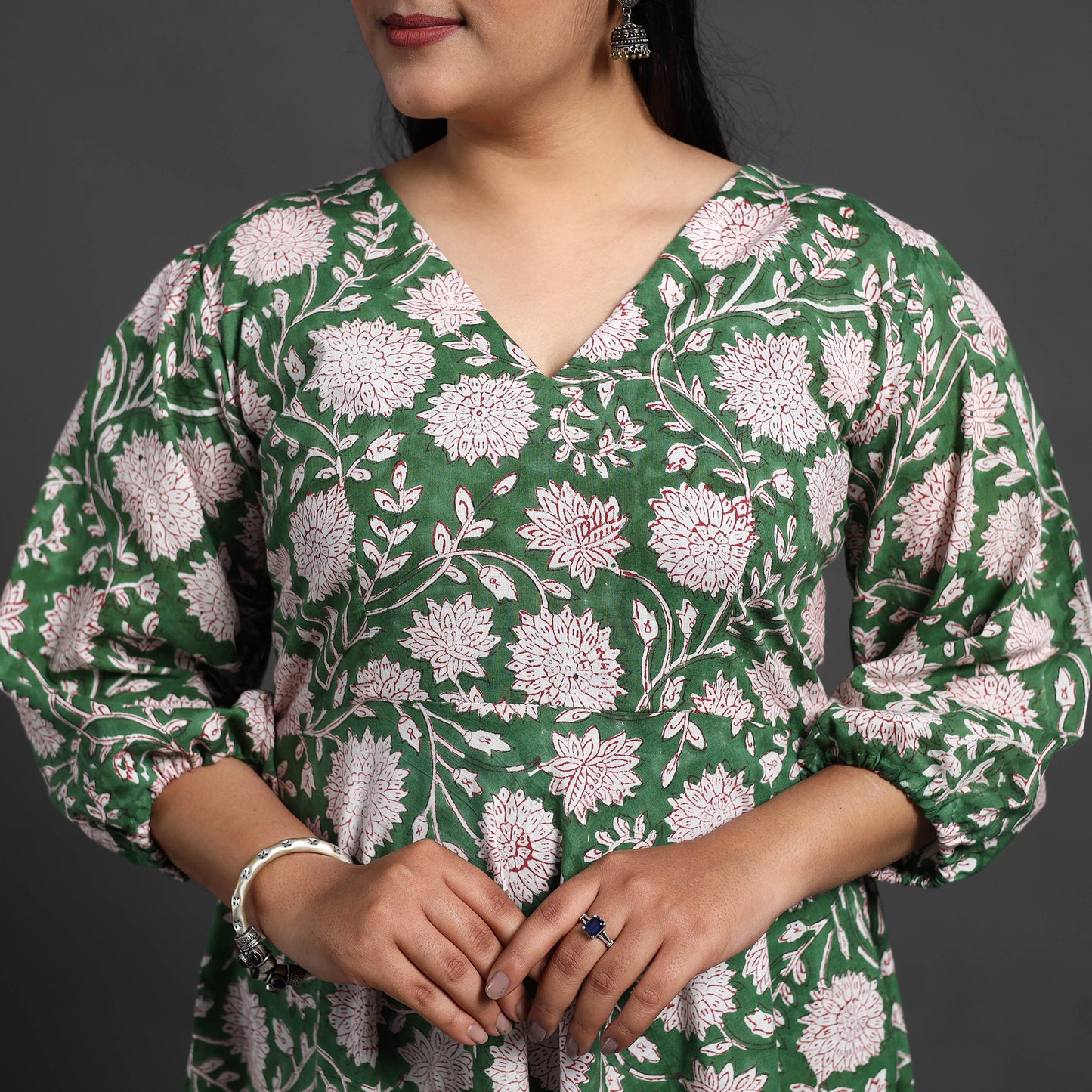 Green - Flared Cotton Block Print Sanganeri Dress 10