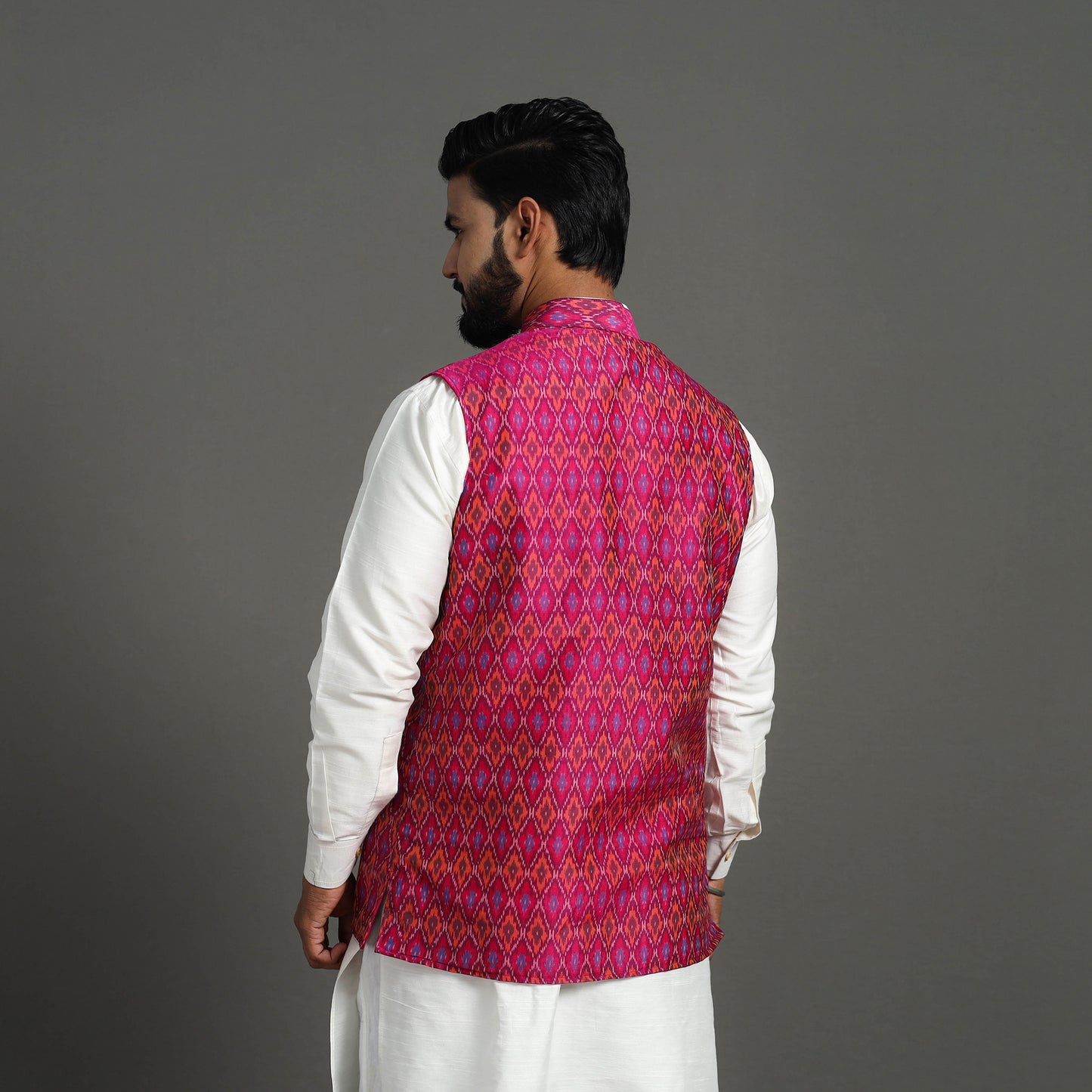 Pink - Silk Cotton Handwoven Pochampally Ikat Nehru Jacket 05