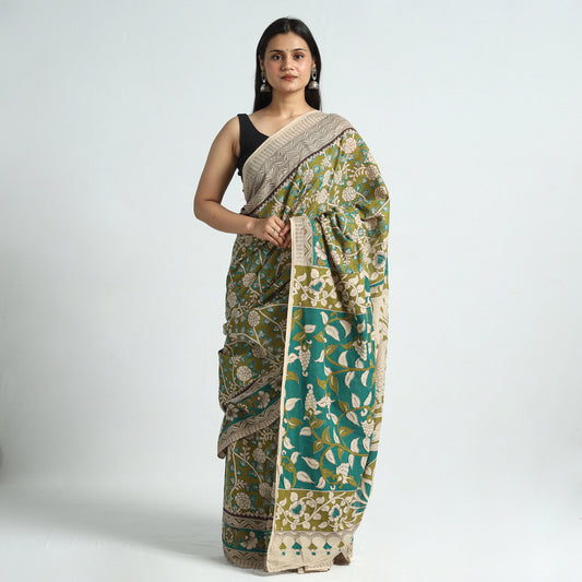 Green - Kalamkari Printed Cotton Saree with Blouse Piece 06