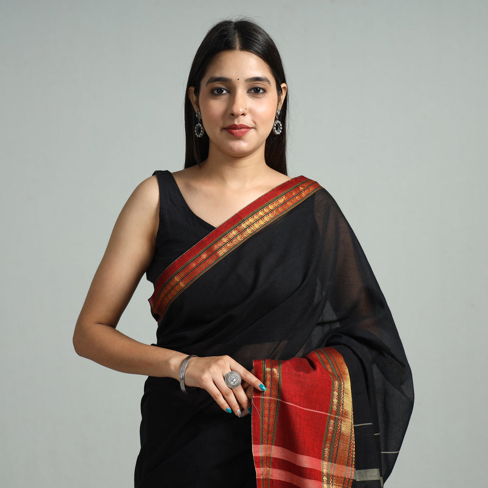 Black - Traditional Narayanpet Mercerised Cotton Saree with Zari Border 79