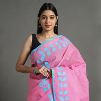 Pink - Applique Patti Kaam Pure Cotton Saree from Rampur 09