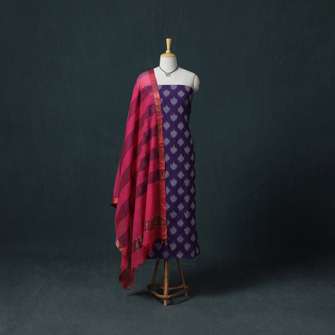 Pochampally Ikat Cotton Unstitched Dress Material: Kurta & Dupatta with Jewellery 07