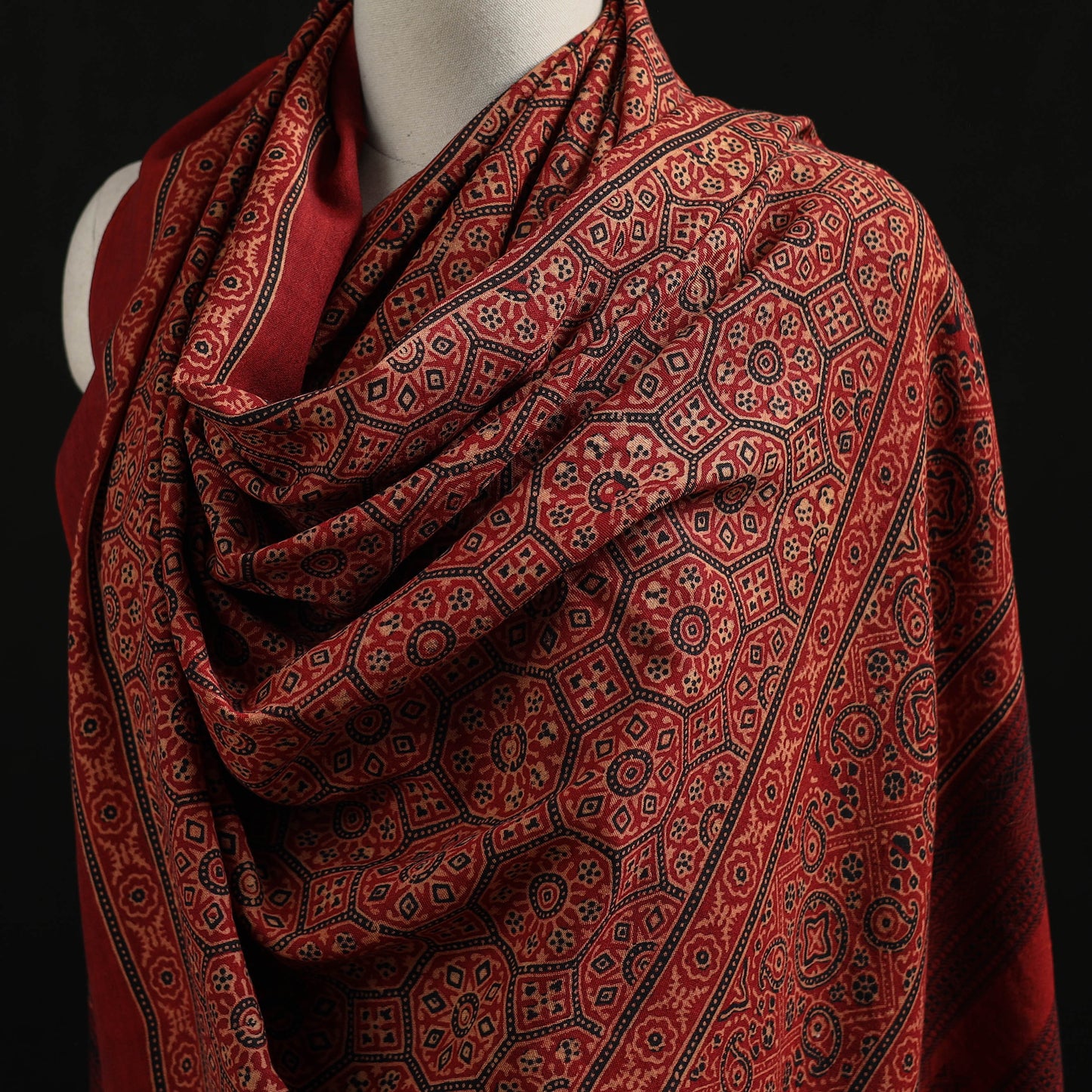 Kutch Handwoven Ajrakh Hand Block Print Merino Wool Shawl  67