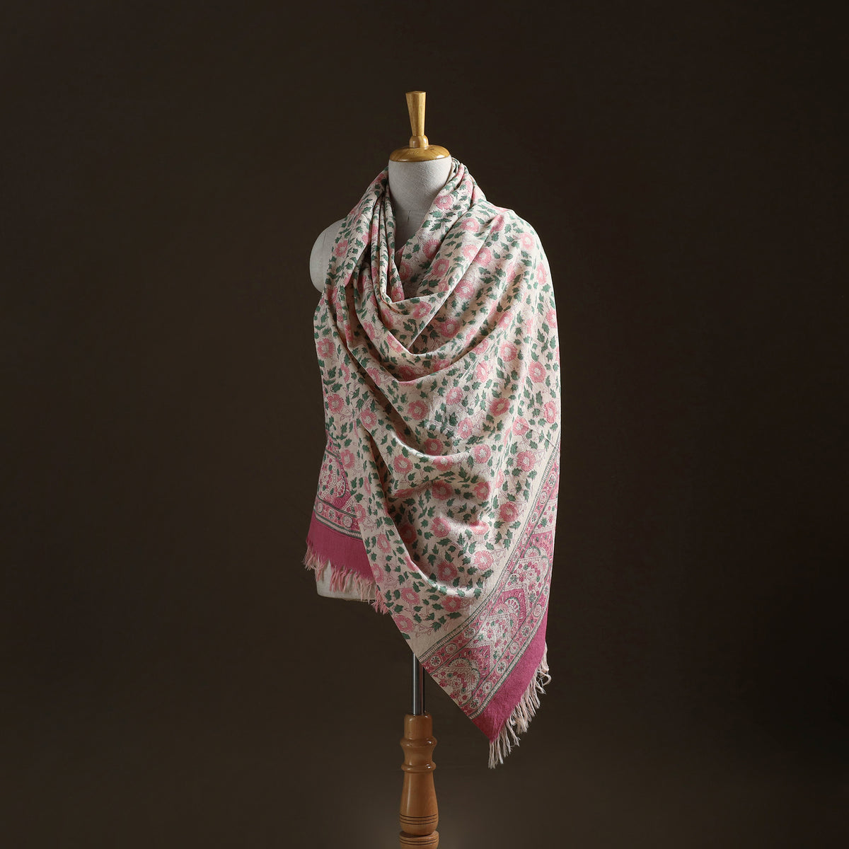 Floral Sanganeri Print Pure Merino Wool Handwoven Shawl 51