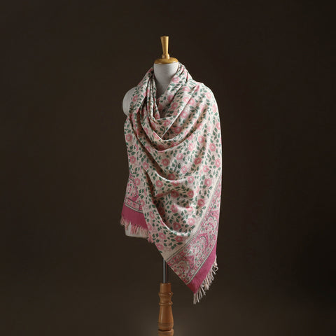 Floral sanganeri print pure merino wool handwoven shawl 51