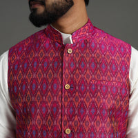 Pink - Silk Cotton Handwoven Pochampally Ikat Nehru Jacket 05