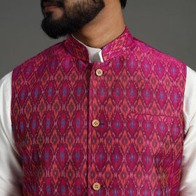 Pink - Silk Cotton Handwoven Pochampally Ikat Nehru Jacket 05