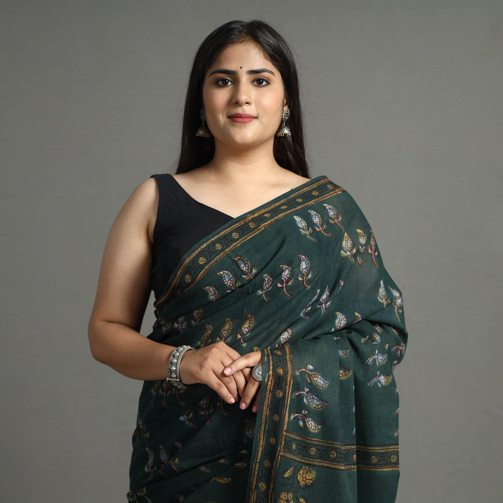 Green - Nandana Dabu Block Printed Mul Cotton Saree 16