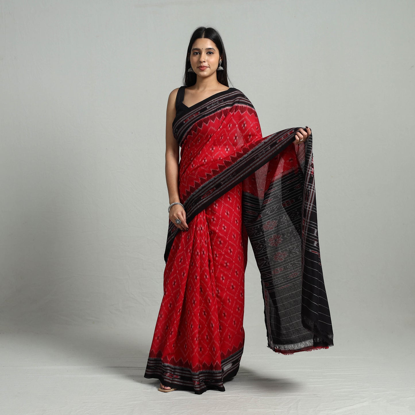 Red - Ikat Weave Handloom Cotton Sambalpuri Saree 35