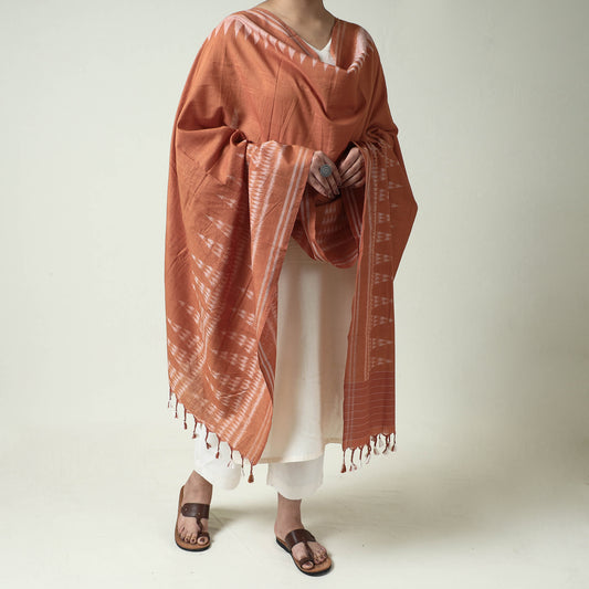 Brown - Maniabandha Ikat Weave Handloom Cotton Dupatta with Tassels
