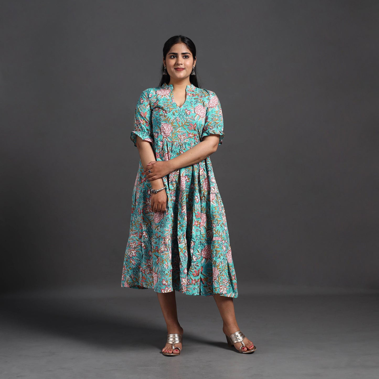 Turquoise Blue - Tiered Cotton Block Print Sanganeri Dress 02