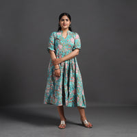 Turquoise Blue - Tiered Cotton Block Print Sanganeri Dress 02