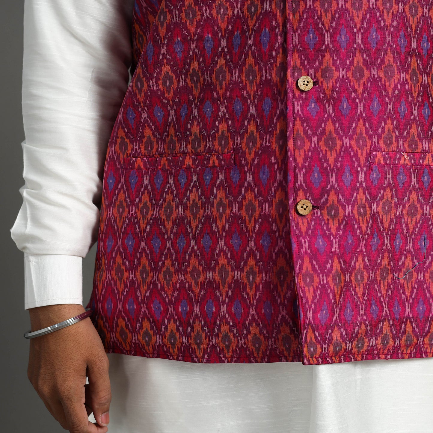 Pink - Silk Cotton Handwoven Pochampally Ikat Nehru Jacket 05