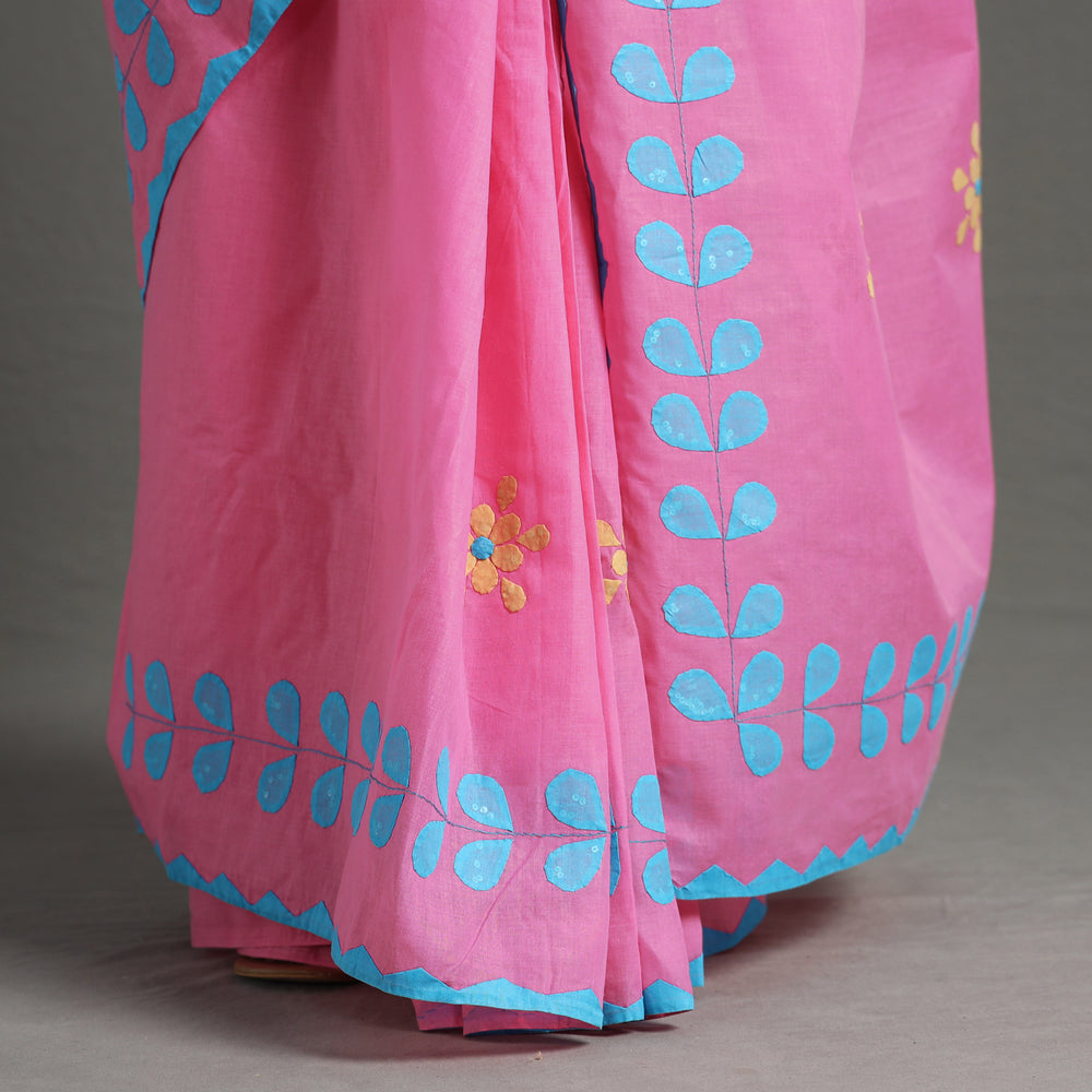 Pink - Applique Patti Kaam Pure Cotton Saree from Rampur 09