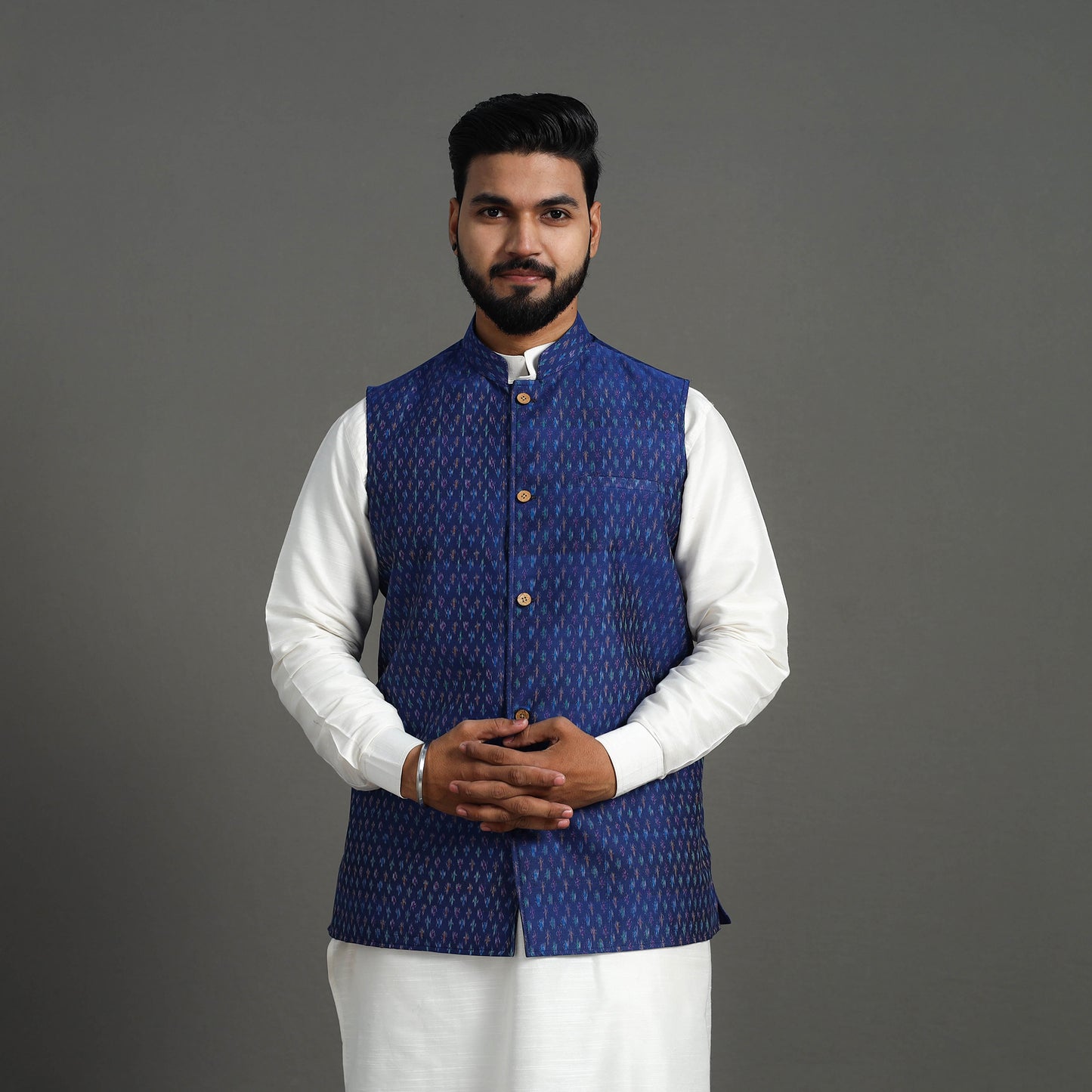 Blue - Silk Cotton Handwoven Pochampally Ikat Nehru Jacket 06