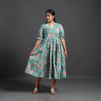 Turquoise Blue - Tiered Cotton Block Print Sanganeri Dress 02