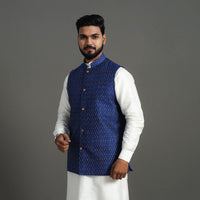 Blue - Silk Cotton Handwoven Pochampally Ikat Nehru Jacket 06