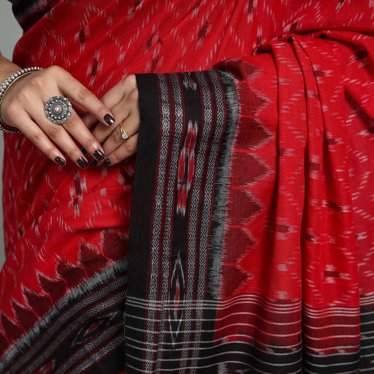 Red - Ikat Weave Handloom Cotton Sambalpuri Saree 35