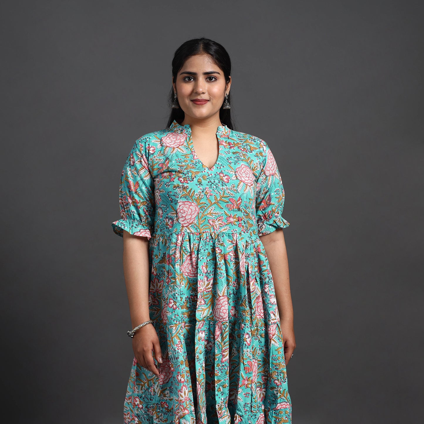 Turquoise Blue - Tiered Cotton Block Print Sanganeri Dress 02