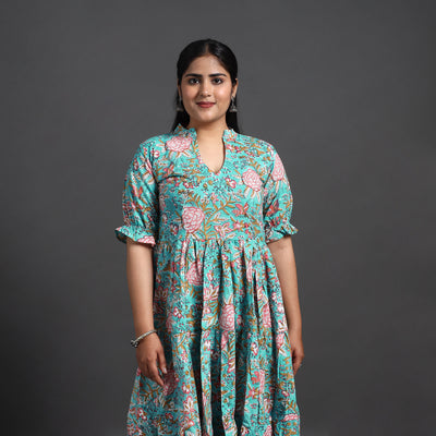 Turquoise Blue - Tiered Cotton Block Print Sanganeri Dress 02