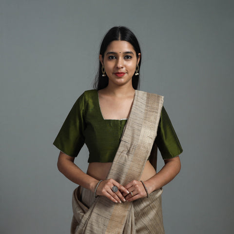 Olive Green - Gota Patti Slub Silk Plain Blouse 03