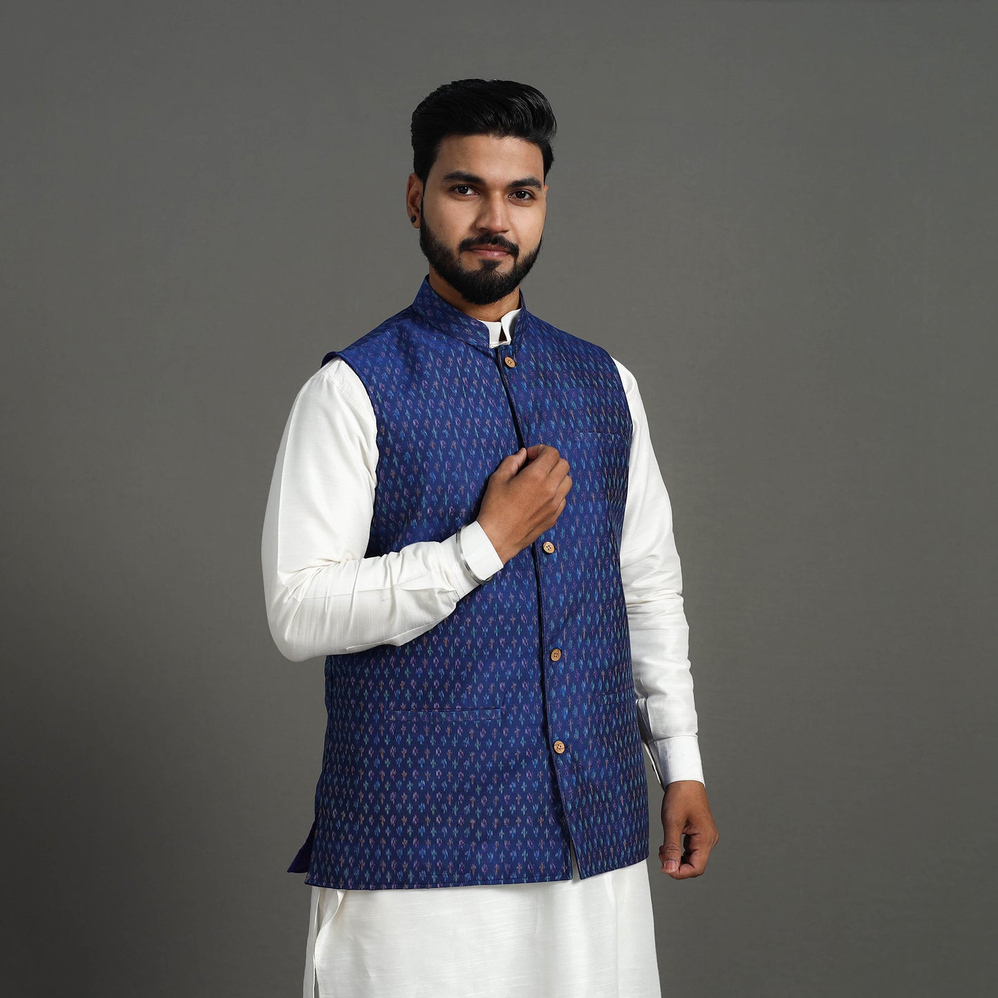 Blue - Silk Cotton Handwoven Pochampally Ikat Nehru Jacket 06