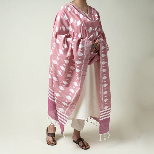 Pink - Maniabandha Ikat Weave Handloom Cotton Dupatta with Tassels