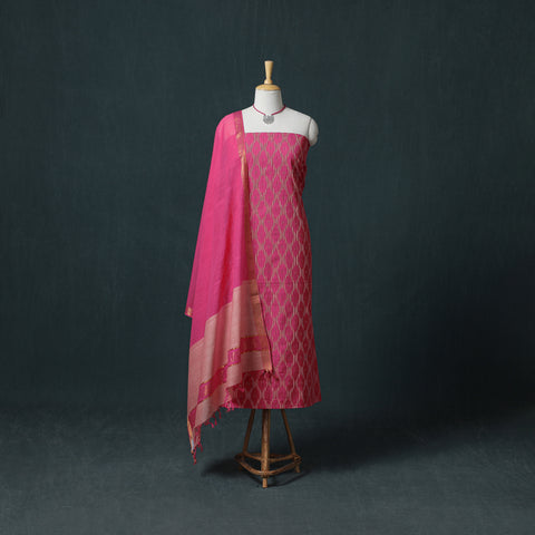 Pochampally Ikat Cotton Unstitched Dress Material: Kurta & Dupatta with Jewellery 08