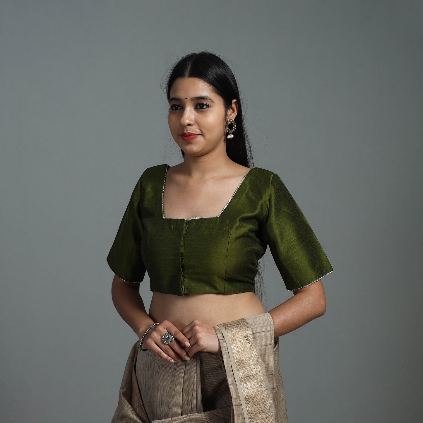 Olive Green - Gota Patti Slub Silk Plain Blouse 03