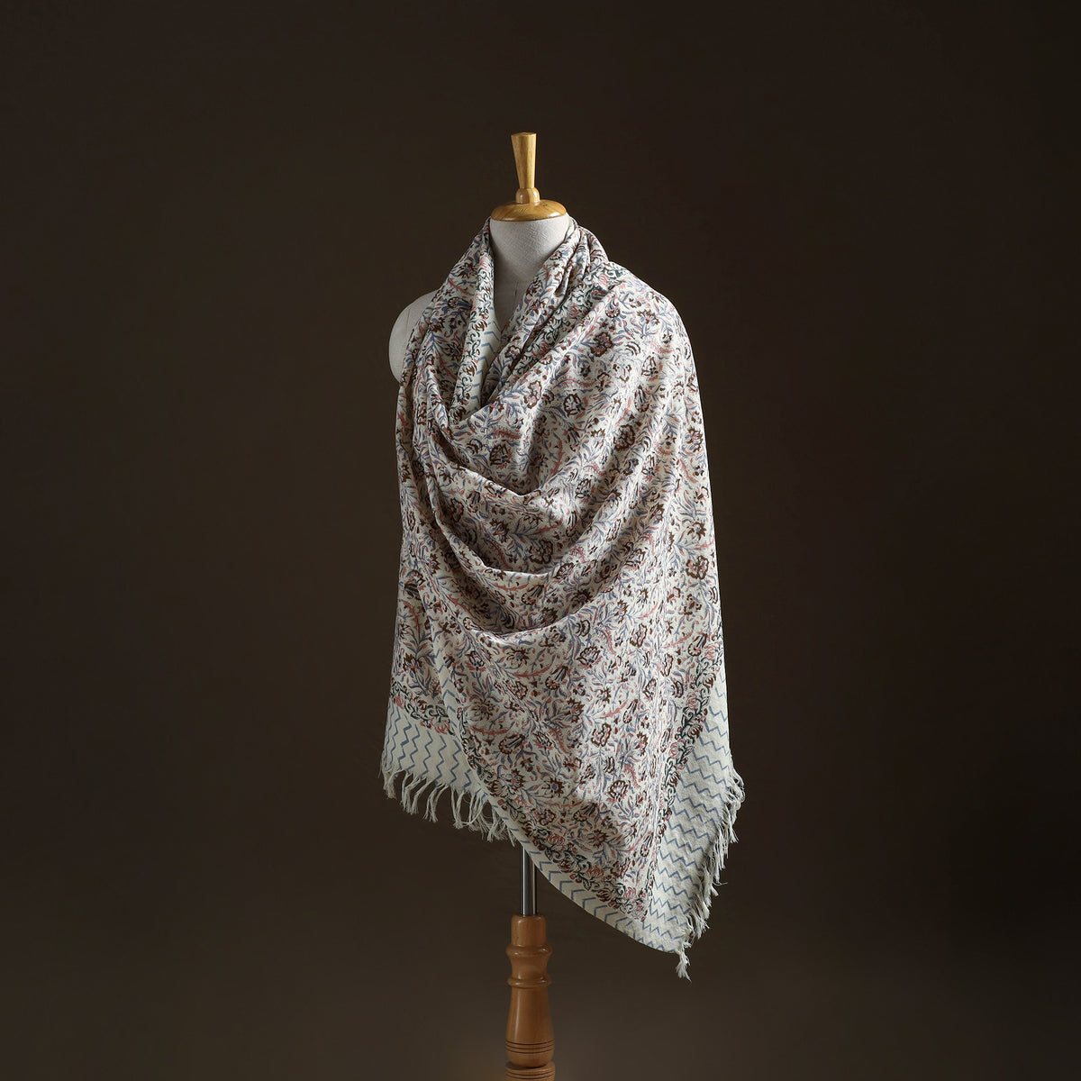 Floral Sanganeri Print Pure Merino Wool Handwoven Shawl 52