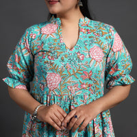 Turquoise Blue - Tiered Cotton Block Print Sanganeri Dress 02