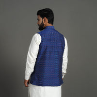 Blue - Silk Cotton Handwoven Pochampally Ikat Nehru Jacket 06