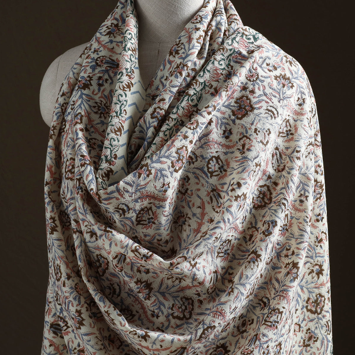 Floral Sanganeri Print Pure Merino Wool Handwoven Shawl 52