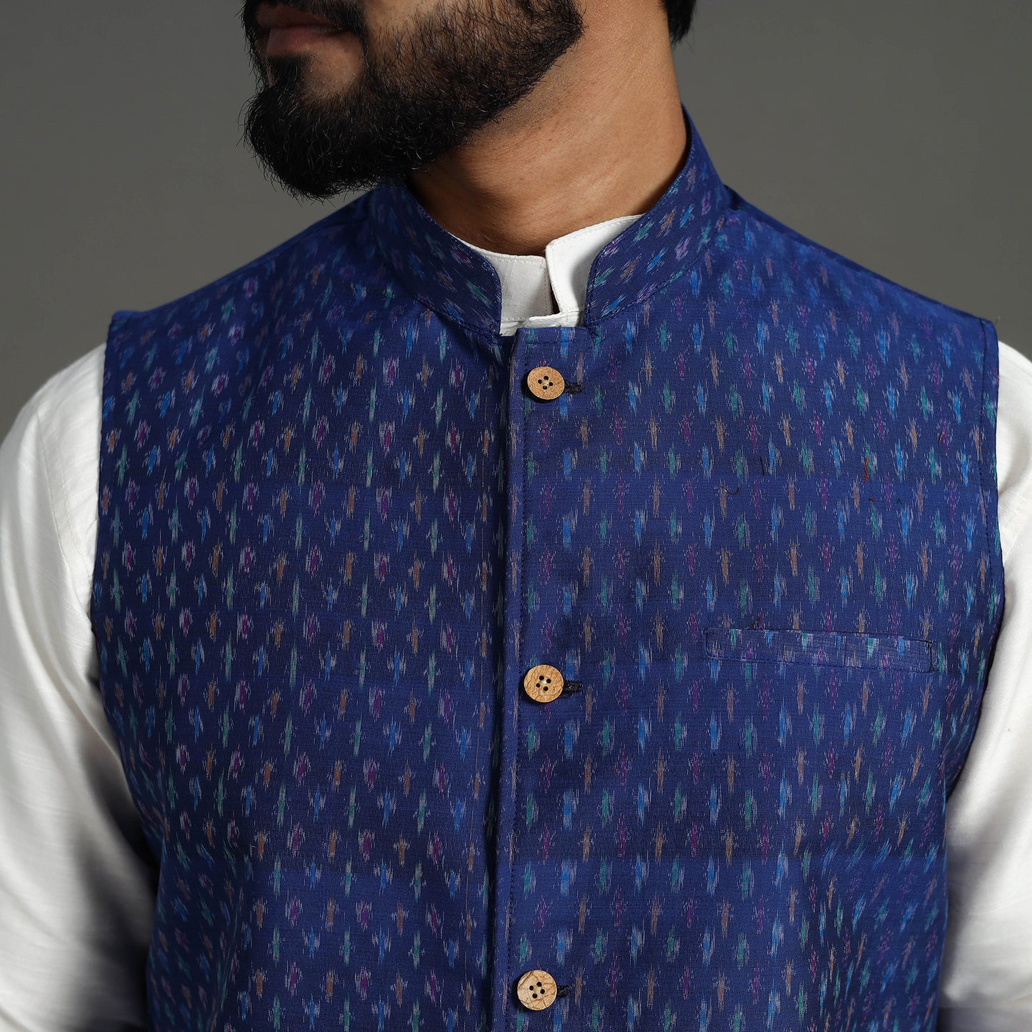 Blue - Silk Cotton Handwoven Pochampally Ikat Nehru Jacket 06