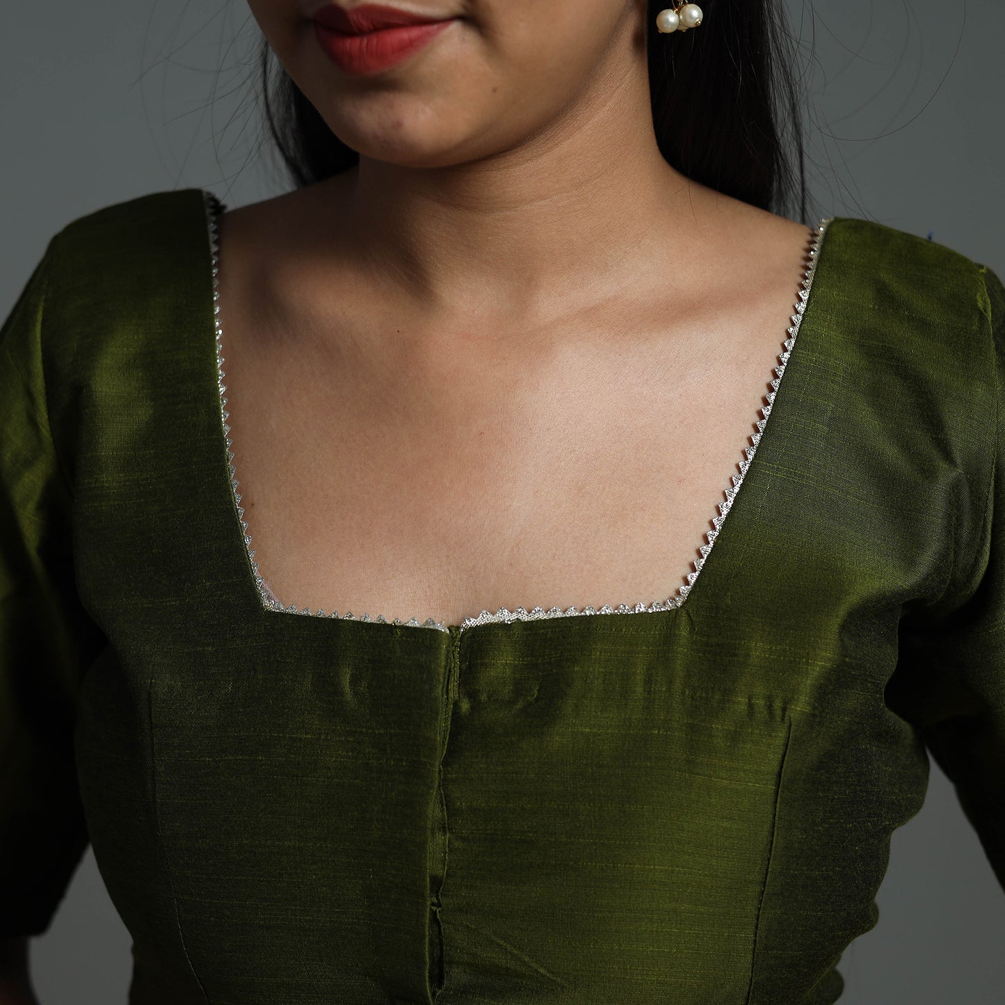 Olive Green - Gota Patti Slub Silk Plain Blouse 03