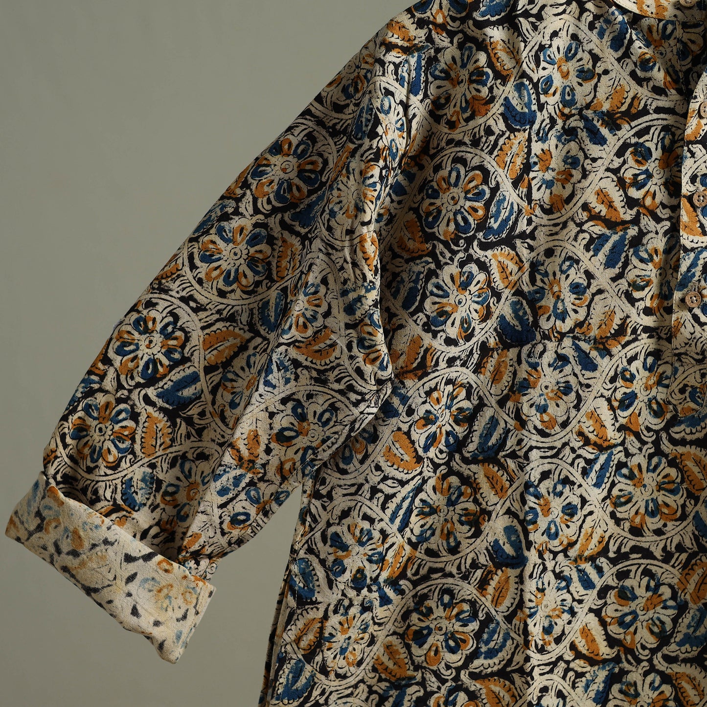 Hand Block Print Natural Dyed Cotton Long Kalamkari Kurta for Men 19