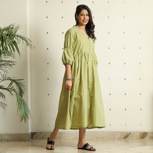 Green - Jacquard Cotton Flared Gher Dress