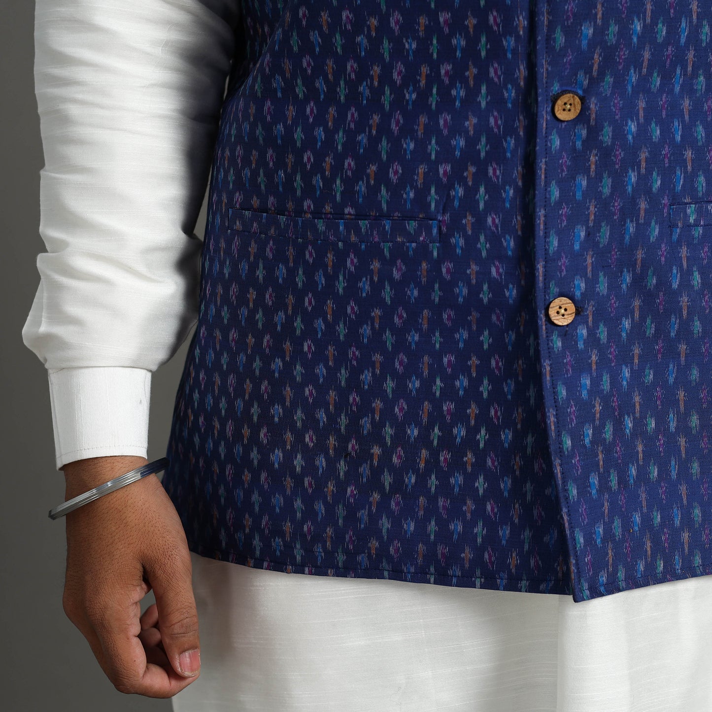 Blue - Silk Cotton Handwoven Pochampally Ikat Nehru Jacket 06