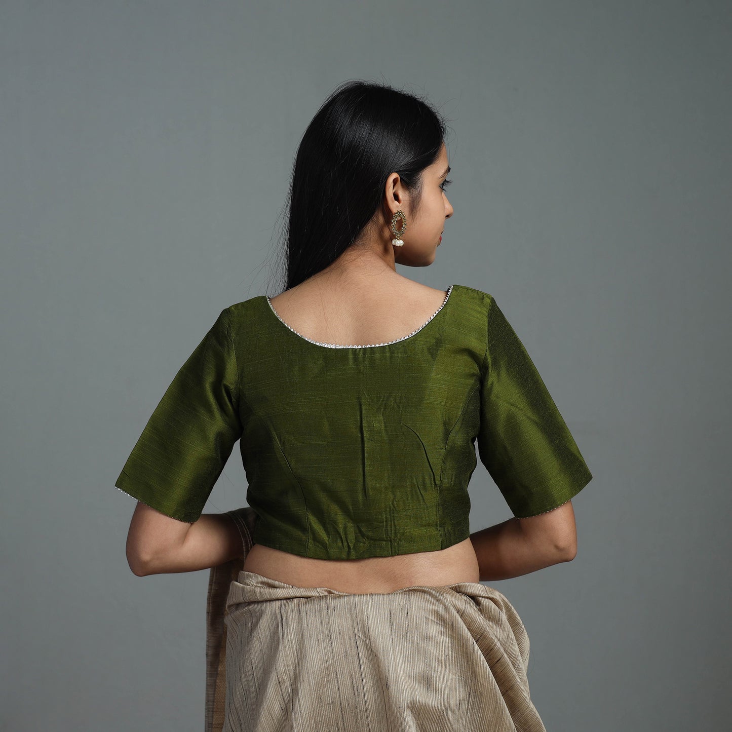 Olive Green - Gota Patti Slub Silk Plain Blouse 03