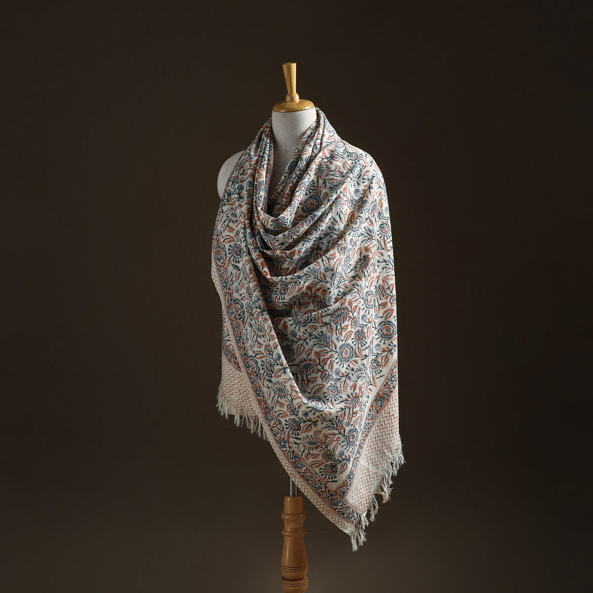 Floral Sanganeri Print Pure Merino Wool Handwoven Shawl 53