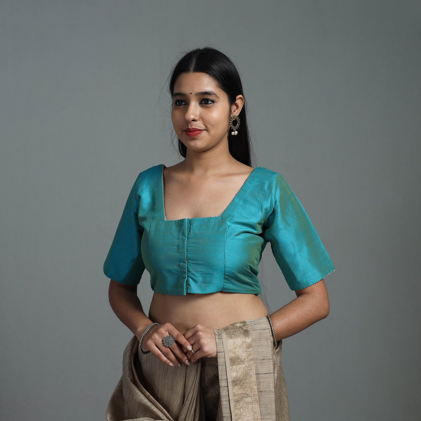 Blue - Gota Patti Slub Silk Plain Blouse 02