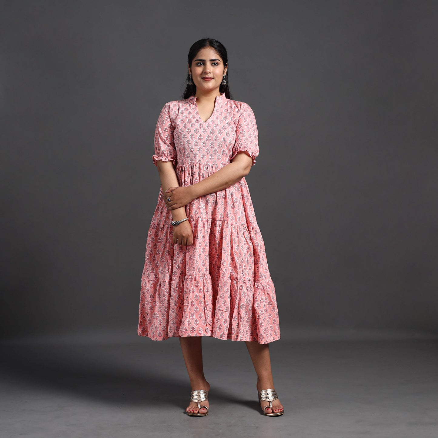 Pink - Tiered Cotton Block Print Sanganeri Dress 04