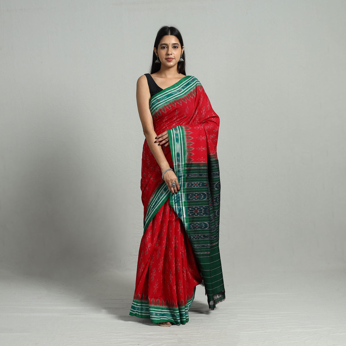 Red - Ikat Weave Handloom Cotton Sambalpuri Saree 37