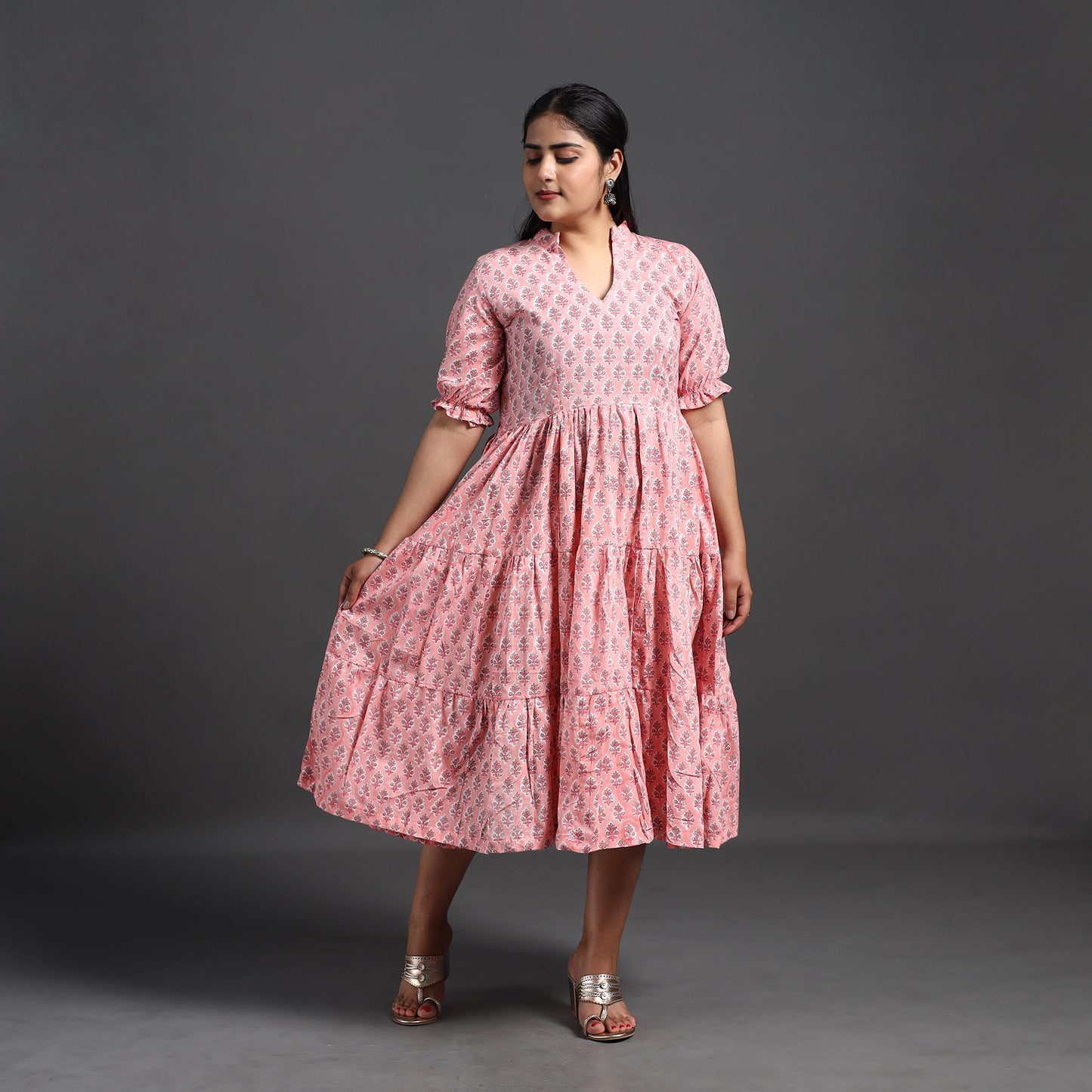 Pink - Tiered Cotton Block Print Sanganeri Dress 04