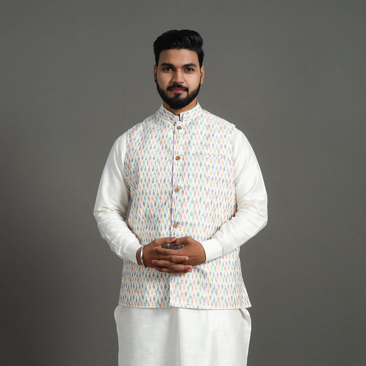 White - Silk Cotton Handwoven Pochampally Ikat Nehru Jacket 11