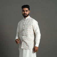 White - Silk Cotton Handwoven Pochampally Ikat Nehru Jacket 11