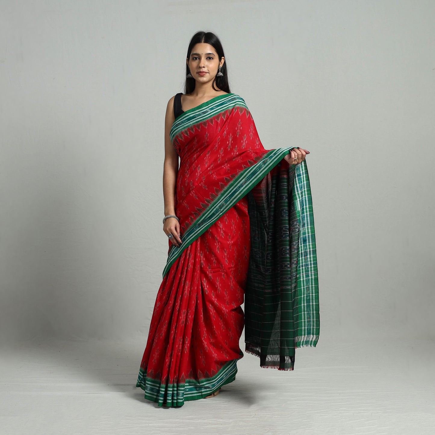 Red - Ikat Weave Handloom Cotton Sambalpuri Saree 37